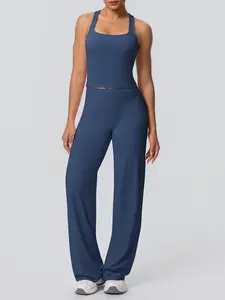 2 Piece Set Women's High Elastic Soft Square Neck Sports Bra Wide Leg Pants Sporty Breathable Activewear Quick Drying Outfits for Yoga Gym Workout Running, Ladies Sportswear for All Seasons Yoga Clothes Set Athleisure Wear Set