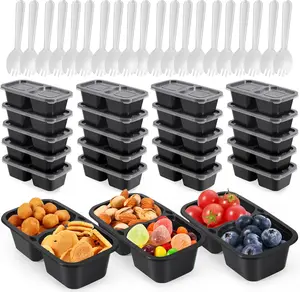 20 Set Snack Containers with Lids & Spoons, Reusable Double Compartment Condiment Containers for Lunches Picnics Parties, BPA-Free, Microwave Safe, Black