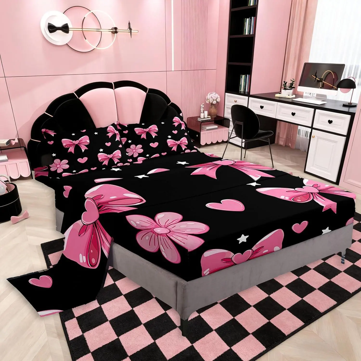 Bowknot Bed Sheets Set Black Pink Bed Set Pink Bow Deep Pocket Fitted Sheet Colourful Bowknot Breathable Soft Lightweight Microfiber