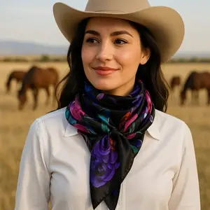 35X35"  Black with Pink & Purple Roses Wild Rag/Scarf WR140