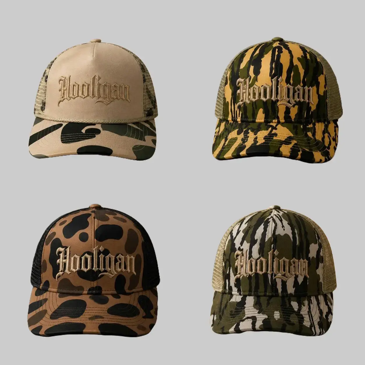 Hooligan Embroidered Trucker Hat, Vintage Gothic Lettering Camo Baseball Cap, Retro Mesh Snapback Hat for Men & Women