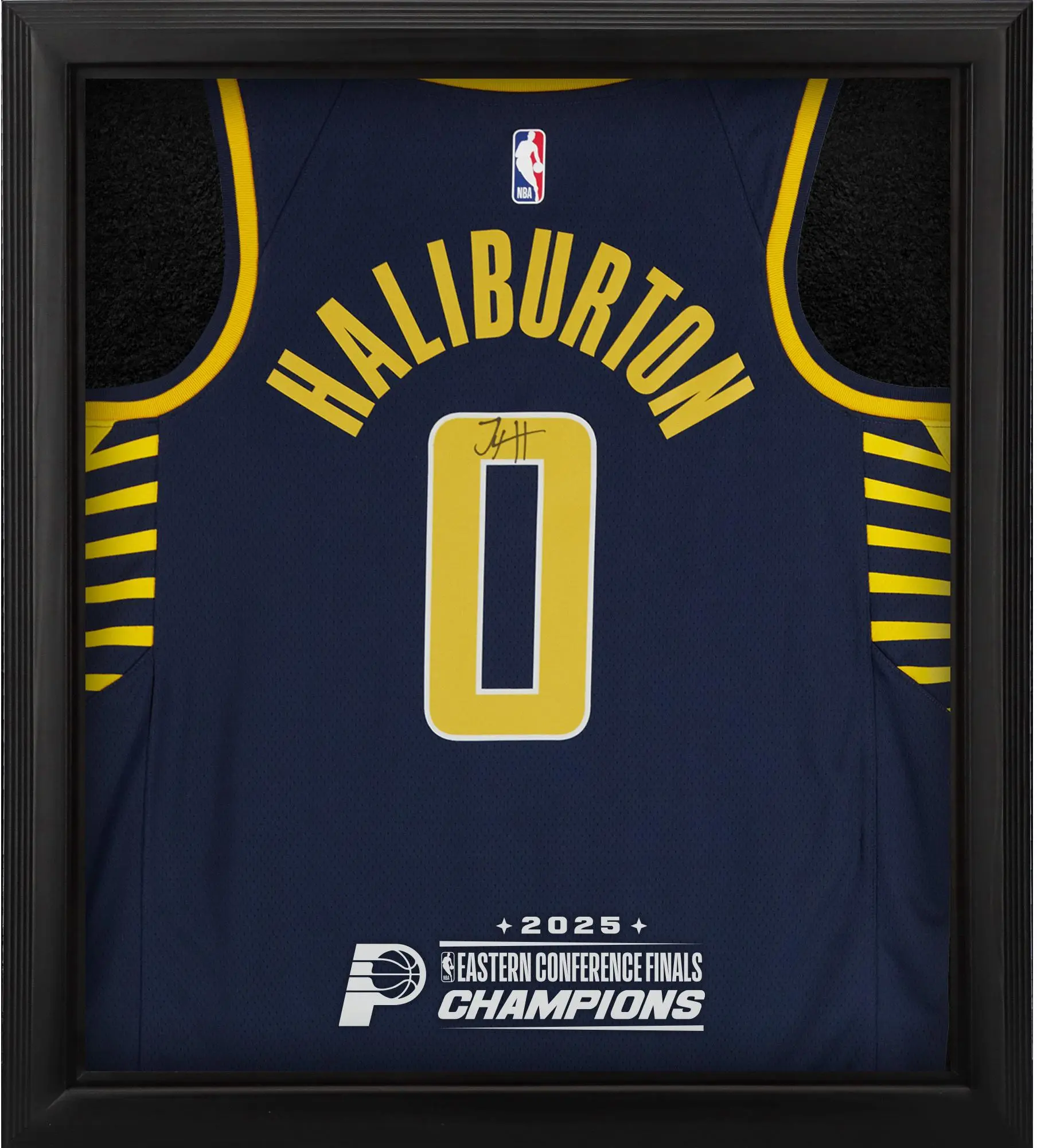 Tyrese Haliburton Indiana Pacers Autographed Nike Navy Icon Swingman Jersey Shadowbox with 2025 NBA Eastern Conference Champions Logo - Fanatics Authentic Certified