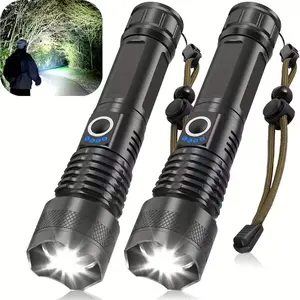 Compact lightweight all-in-one rechargeable LED flashlight, high-lumen tactical torch with 5 modes and 5000mAh battery. Ideal for camping, hiking, fishing, gardening, security and emergencies. Perfect men's tool and Valentine's gift.