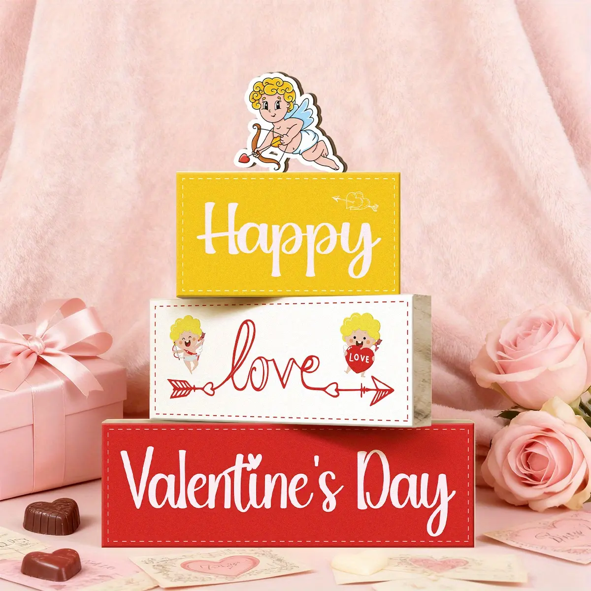 4 Pcs Valentine Decorative Sign & Plaque Happy Valentine Day Wooden Blocks with Hearts, Table Centerpiece, Tiered Tray Decor & Decorative Stacked Blocks for Coffee Table, Fireplace Mantel, Floating Shelf