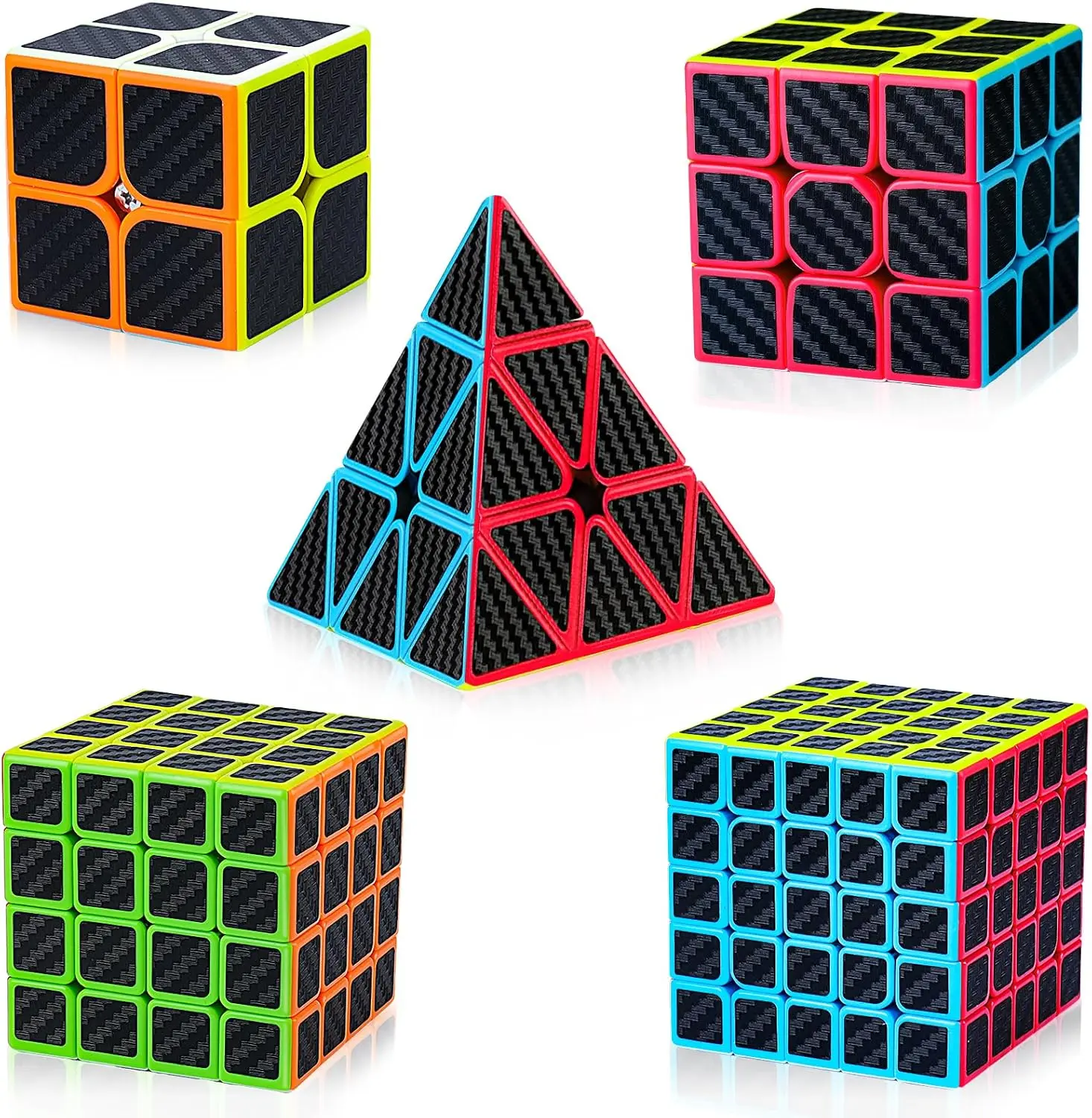 AuntyFey 5-Piece Speed Cube Puzzle Set, 2x2, 3x3, 4x4, 5x5 and Pyramid Cubes, Smooth-Turning Brain Teaser Set with Illustrated Instruction Manual for Kids and Adults