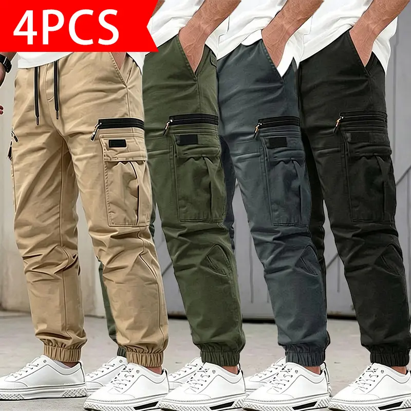 4-Pack Men’s Cargo Jogger Pants, elastic waistband with adjustable drawstring, multi-pocket utility joggers, soft and durable fabric, tapered ankle cuffs, 4-color combo set, ideal for outdoor activities, running errands, work, school, casual wear, and all
