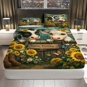 3Pcs Sunflower Cow Rustic Fitted sheet Three Piece Set (1*Fitted Sheet+2*Pillowcases, Coreless), Farmhouse theme, Floral Animal Bedding Set, Mattress protector Soft, Breathable