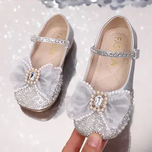 Girls' New Fashion Big Bow Sparkling Rhinestone Pearl Velcro Soft Sole Anti-Slip Bowknot Design Shoes Flats for Daily Dance Performances Casual Vacation
