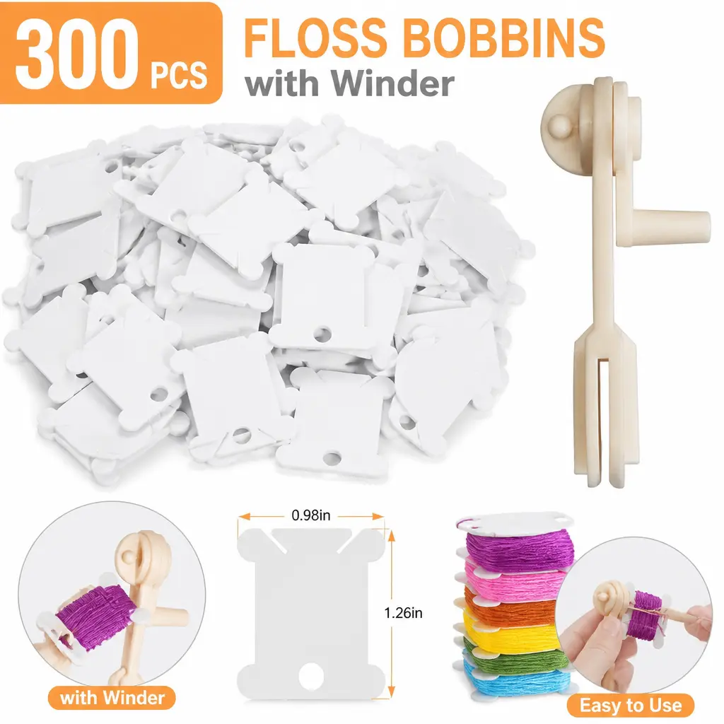300pcs Compact Waterproof See-Through Plastic Embroidery Bobbins (1.5"x1.4") with 3.5" Thread Winder - Office Stationery Thread Organizer for Craft Room Sewing - Computer Accessories Storage Tool