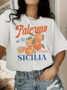 Women's Premium Short Sleeve Printed T-Shirt, Palermo Dal 745 Sicilia Vintage Citrus Print, Italian Travel Aesthetic, Soft Breathable Fabric