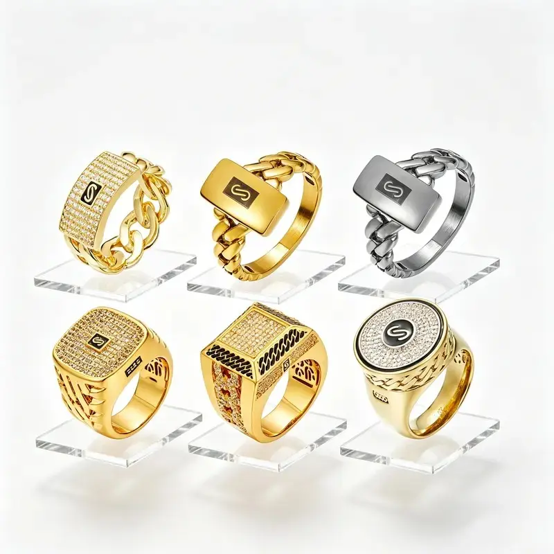 Men's Monaco Plated Gold Promise Ring - Stainless Steel Initial S Zircon, Iced Out Gold Rhinestone Rings, Hip Hop Fashion Jewelry Gift elegant all-match star minimalist same day casual