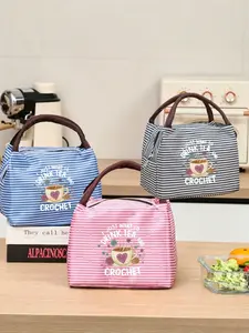 Striped Base Bag with 'i Just Want to Drink Tea and Crochet' Slogan, Teacup & Yarn Elements, Casual All-Season Backpack