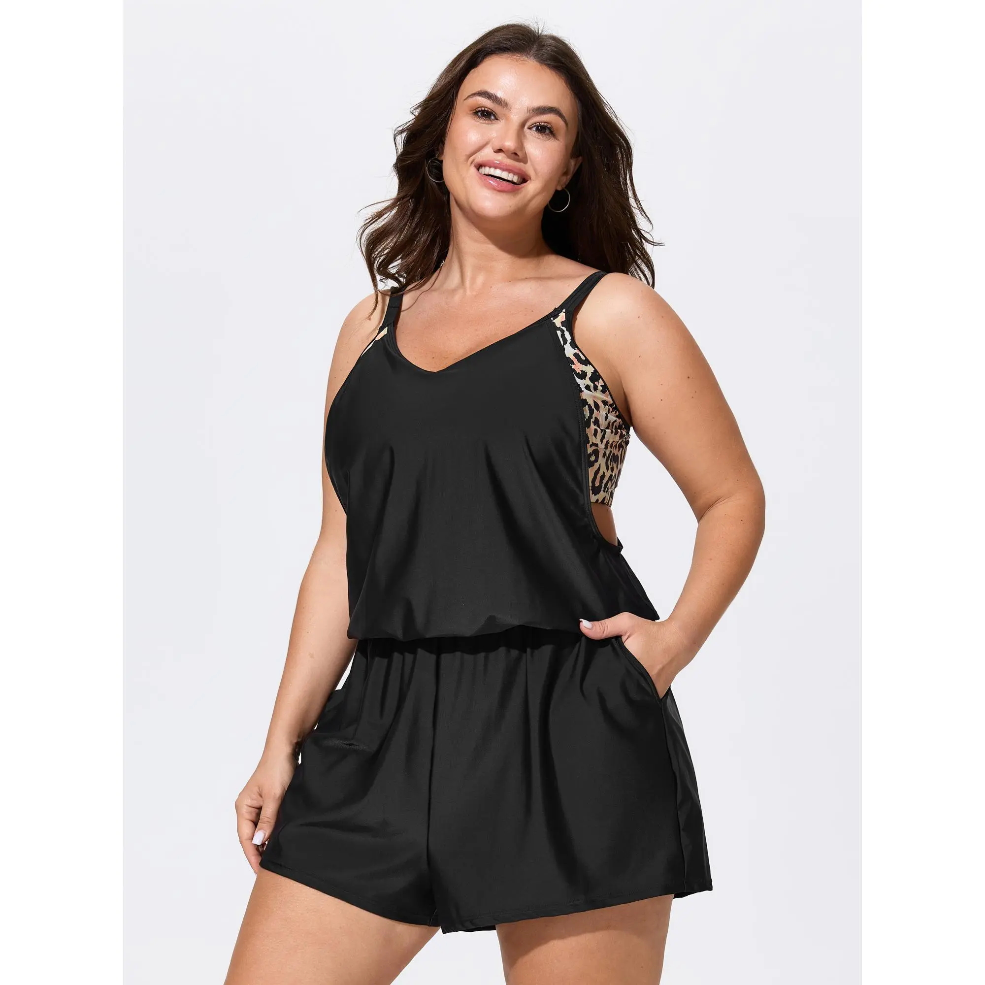 BloomChic Plus Size Leopard Print Wide-Leg Tunic Swim Romper, Hip-Flattering Cut with Pockets & Adjustable Straps for Poolside Wear, One Piece Swimsuits, Swimsuits For Women