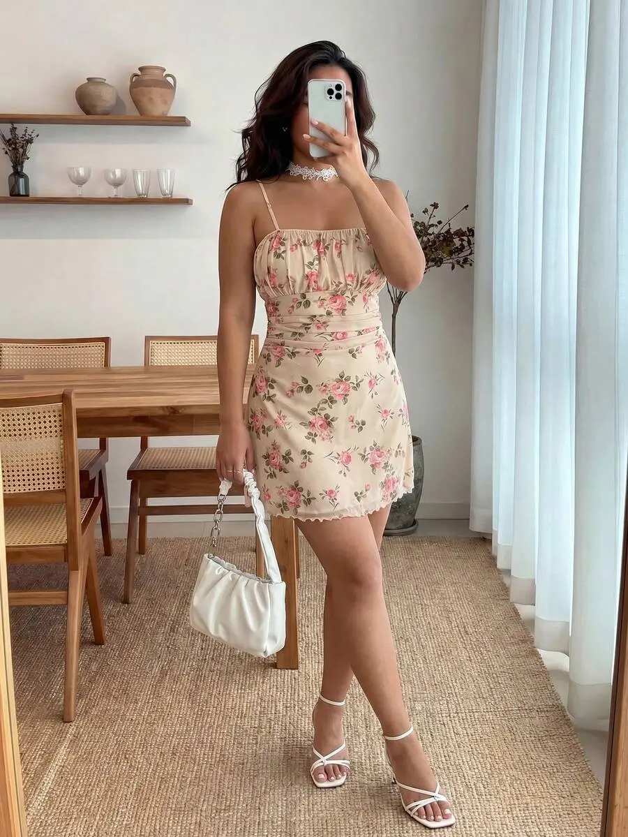 ARDEN x Enliva Plus Size Women's Ditsy Floral Romantic Spaghetti Strap A-Line Mini Dress, Suitable For Party, Date, Valentine's Day, Easter, Carnival, Beach Cruise, Afternoon Tea, Spring/Summer Fashion Dress,Corset Dress, For Apple And Rounded Body