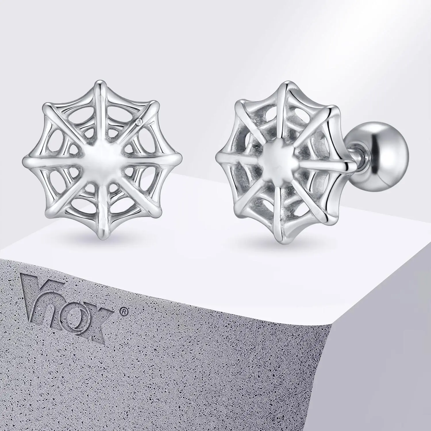 Vnox Spider Web Stud Earring, 9mm Wide Stainless Steel Silver Color Earring for Men Women, Halloween Punk Gothic Jewelry Gift