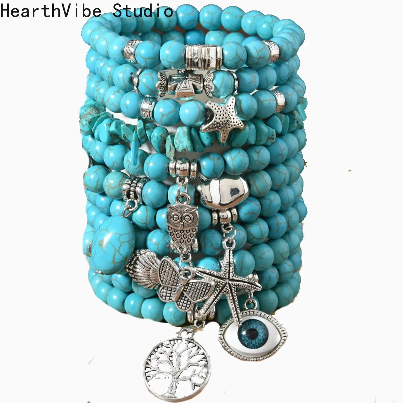 Unisex Bohemian Multicolor Turquoise Beaded Sports Wristband - Ethnic Wind Design with Starfish, Turtle, Owl, Devil's Eye Charms, Exquisite Bracelet for Sports Use, Band Sports Wristbands