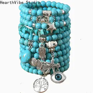 Unisex Bohemian Multicolor Turquoise Beaded Sports Wristband - Ethnic Wind Design with Starfish, Turtle, Owl, Devil's Eye Charms, Exquisite Bracelet, Premium Bracelet for Sports & Outdoor Use