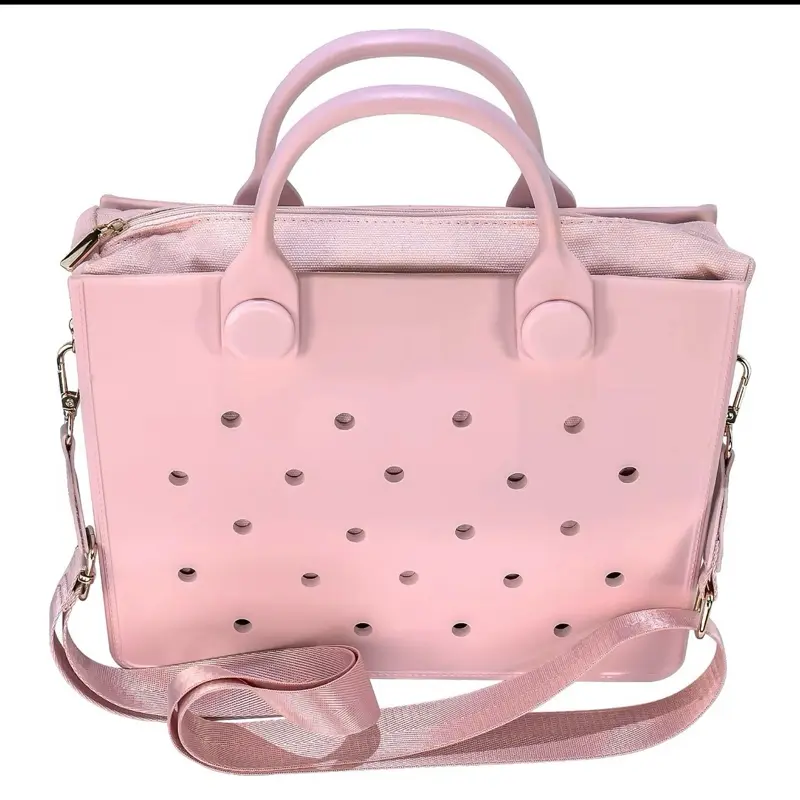 Women’s Waterproof Tote Bag with Crossbody Strap | Lightweight Jelly Handbag | DIY Charm Bag | Everyday Purse Pink