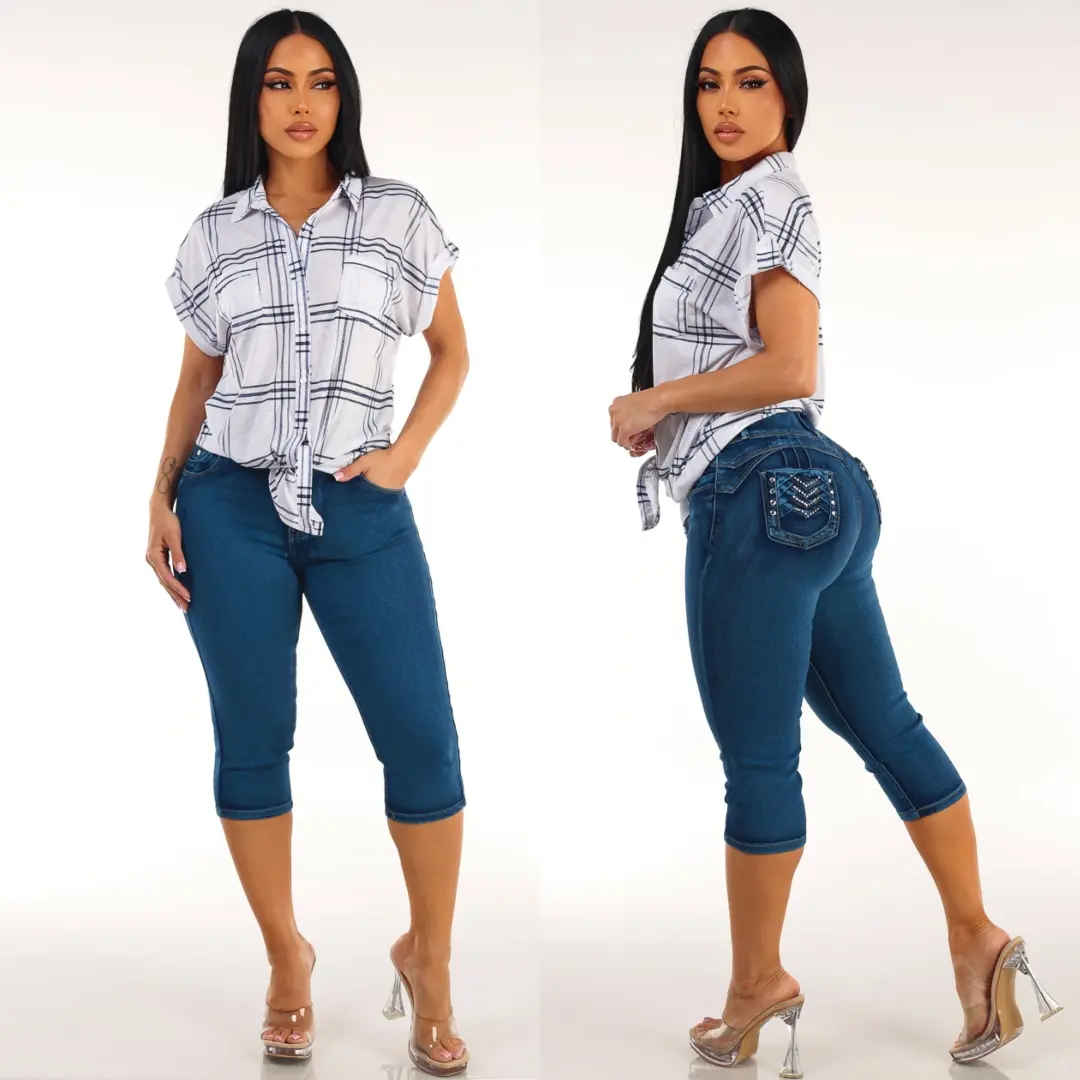 MX JEANS Push Up High Waist Stretch Denim Capris Med Sand Wash