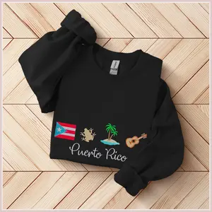 Puerto Rico Embroidery Sweatshirt | Puerto Rico Embroidered Icons Flag, Coqui, Palm Tree, and guitar Crewneck Sweatshirt