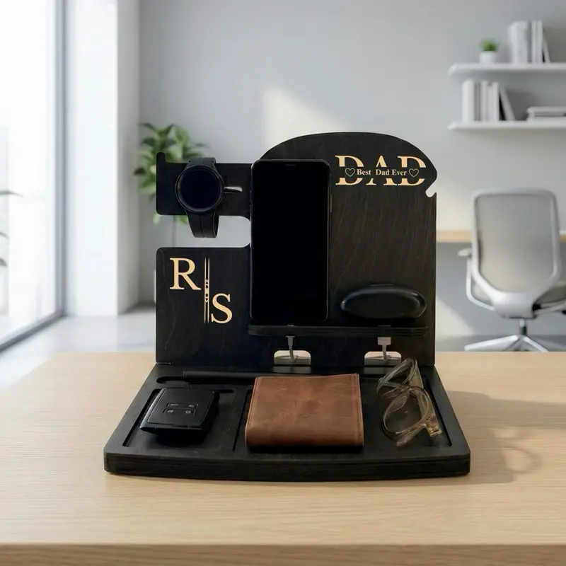 Personalized Wooden Desk Organizer, Docking Station Desk Storage Box, Desk Organizer for Phone, Watch, Wallet, Keyring, 3 in 1 Phone, Smartwatch, airpod Charging Stand, Father’s day Gift, Christmas Gift, Husband Anniversary Gift