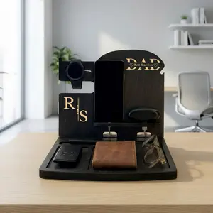 Personalized Wooden Desk Organizer, Docking Station Desk Storage Box, Desk Organizer for Phone, Watch, Wallet, Keyring, 3 in 1 Phone, Smartwatch, airpod Charging Stand, Father’s day Gift, Christmas Gift, Husband Anniversary Gift
