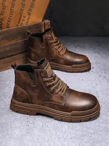 Men's Fall Winter High-Top Leather Work Boots, Vintage American Style Classic Casual Thick Sole Lace-Up Boots, Outdoor Fashion Shoes