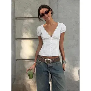 Women’s plain lace-trimmed deep V-neck shirt, summer women’s casual puff-sleeve top, everyday women’s clothing GARMENTARY