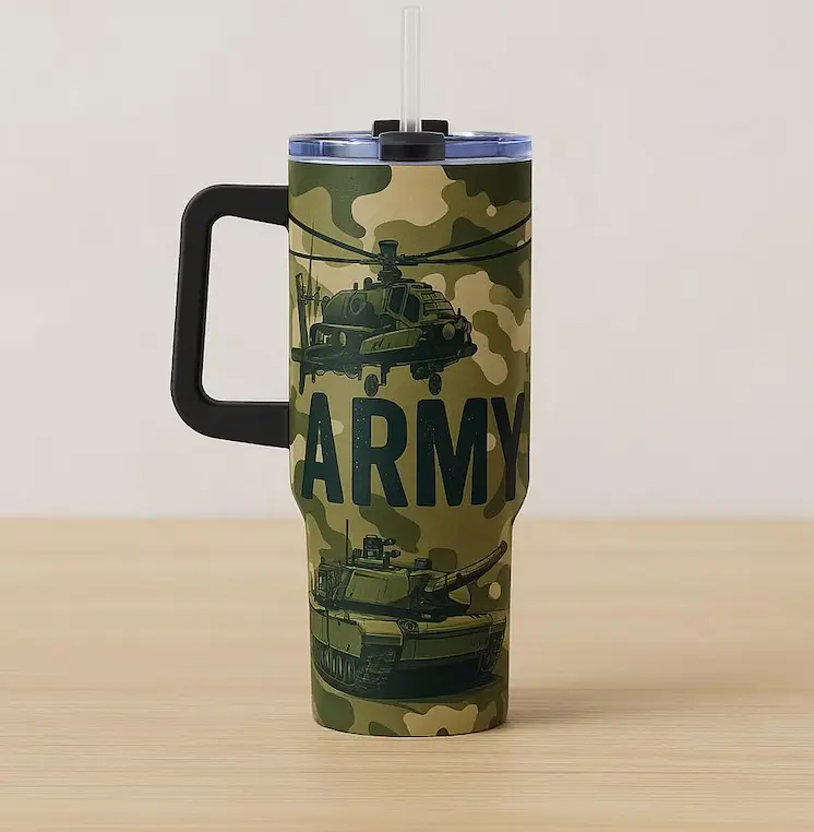 [Gift Box Included] 40oz, 20oz Army Camo Military Soldier Print Stainless Steel Tumbler with Handle and Straw Vacuum Insulated Travel Mug Fits Car Cup Holder Cool Gift for Veterans & Active Duty