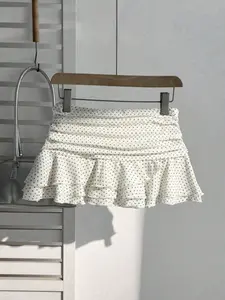 Women's Polka Dot Print Ruffle Layered Skirt, Low Waist Pleated Y2K A-Line Mini Dress, Fashionable Summer, Chic & Trendy Design, Feminine Womenswear
