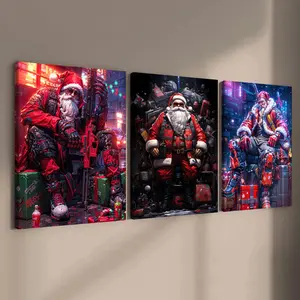 Wooden Framed Canvas Painting, 3 Counts/set Creative Cool Santa Claus Pattern Wall Art, Wall Decor for Home Living Room Bedroom Office