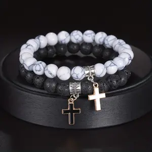 White turquoise volcanic rock bracelet with cross pendant, trendy men's and women's natural stone handmade Valentine's Day gift.