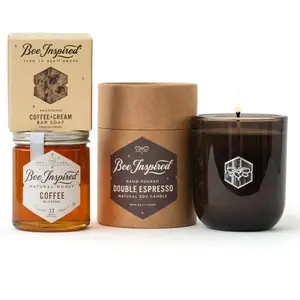 Bee Inspired Wake Up Call Bundle - Hand-Poured Coffee + Cream Bar Soap, Double Espresso Soy Candle, Coffee Blossom Honey - Natural Ingredients, Eco-Friendly, Handmade in USA