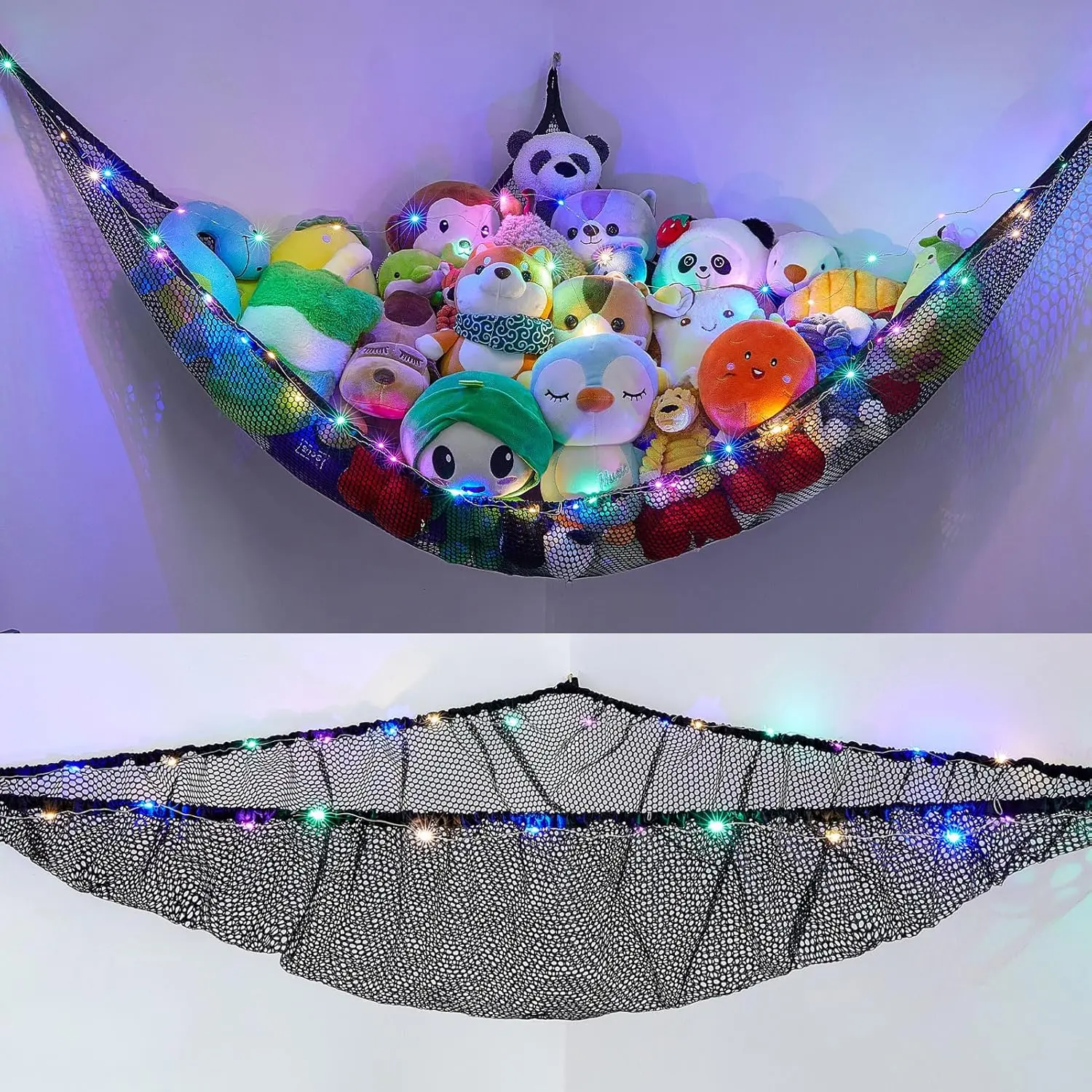 Hanging Corner Stuffed Animal Storage Hammock with LED Light - Kids Bedroom Organizer, Home Supplies Hanging Basket, Girls' Room Decor (Pack of 1)