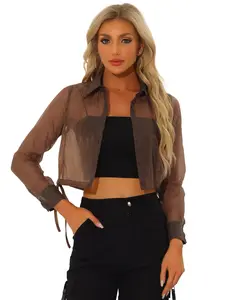 INSPIRE CHIC See Through Long Sleeve Drawstring Hem Button Down Cropped Mesh Sheer Jacket Top