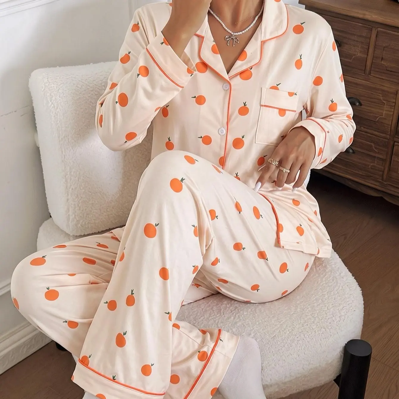 Women's Soft Cream Peach Fruit Print Pajamas, Long Sleeve Button Front Top with Chest Pocket & Elastic Waist Pants, Comfy 2 Piece PJs
