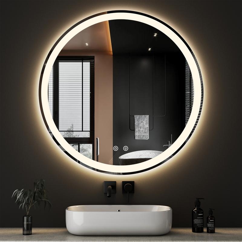 【Valentine's Day Gifts】Round LED Bathroom Mirror with Lights, Circle Vanity Mirror with Anti-Fog, Dimmable, 3-Color Light, Memory Function, Tempered Glass