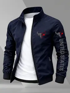 Men's American Bull Head Print Pilot Jacket, Casual Windproof Coat, Lightweight Spring Fall Outerwear, Perfect Gift for Dad#BullHeadJacket #UnitedStatesPrint #StandCollarWindbreaker #MensStreetwear #TikTokFashion #AmericanStyleOuterwear