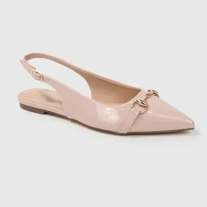 BERNESS Women's Pointed Toe Slingback Flats in Patent Leather, Elegant Footwear with Gold Chain Detail for Office & Business Casual