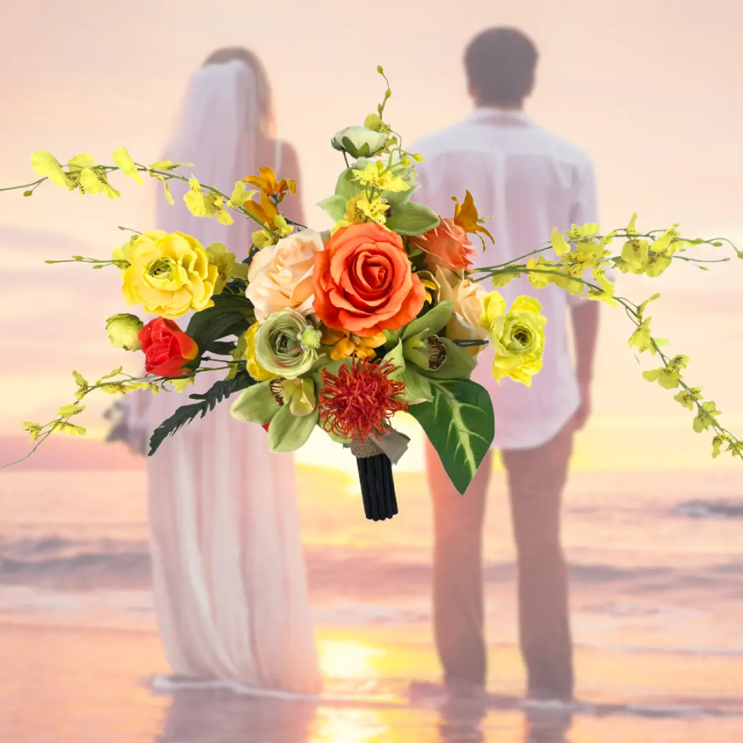 Tropical Freestyle Bouquet - Vibrant Silk Flower Bridal Bouquet with Roses Orchids & Faux Rose Stem for Wedding