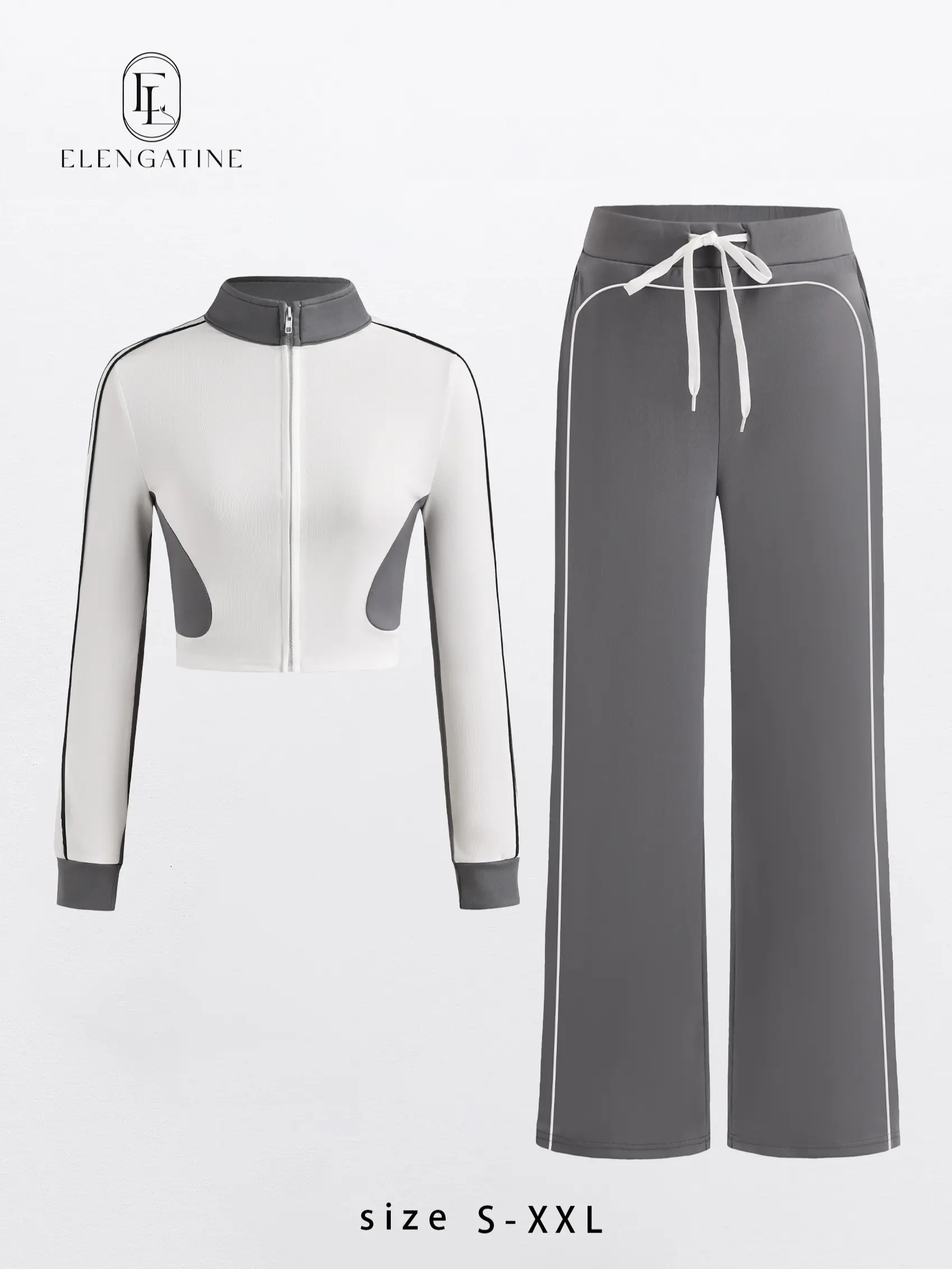 Elengatine Women’s Two-Piece Athleisure Set – Cropped Zip-Up Long Sleeve Top & High-Waisted Drawstring Pants, Stretchy Flowy Fit, Casual Chic, Perfect for Everyday Wear & Going Out