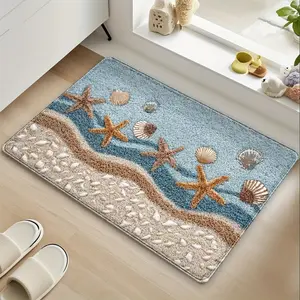 Rectangular Polyester Coastal Doormat - Non-Slip, Soft Texture, Starfish and Shells Design, for Bathroom, Beach Home Decor, Ideal Gift