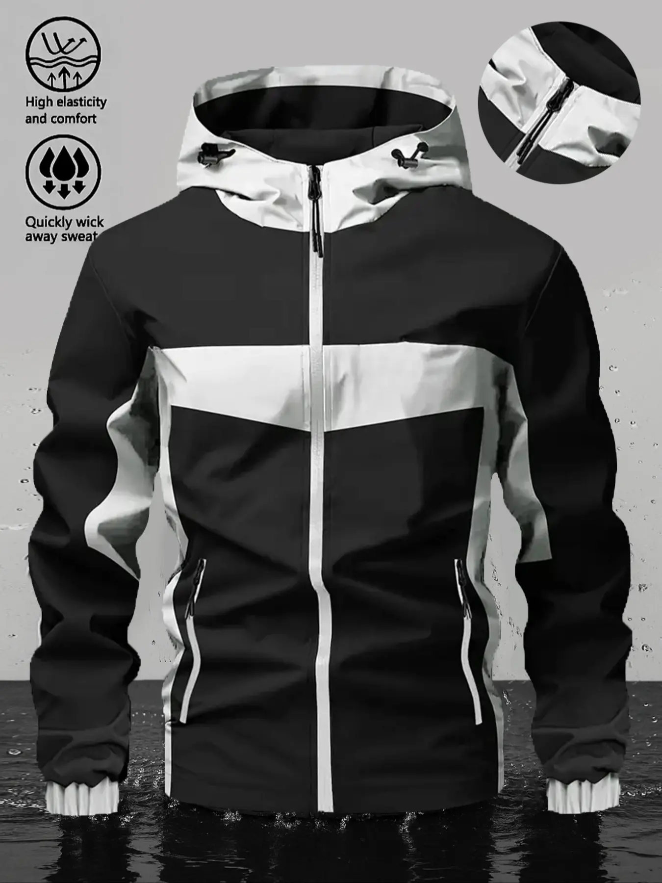 Men's Casual Hooded Jacket, Plain Design with Large Pockets Zipper, Windproof Waterproof Softshell Fabric, Sporty Outdoor Lightweight Coat
