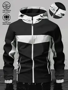 Men's Casual Hooded Jacket, Plain Design with Large Pockets Zipper, Windproof Waterproof Softshell Fabric, Sporty Outdoor Lightweight Coat