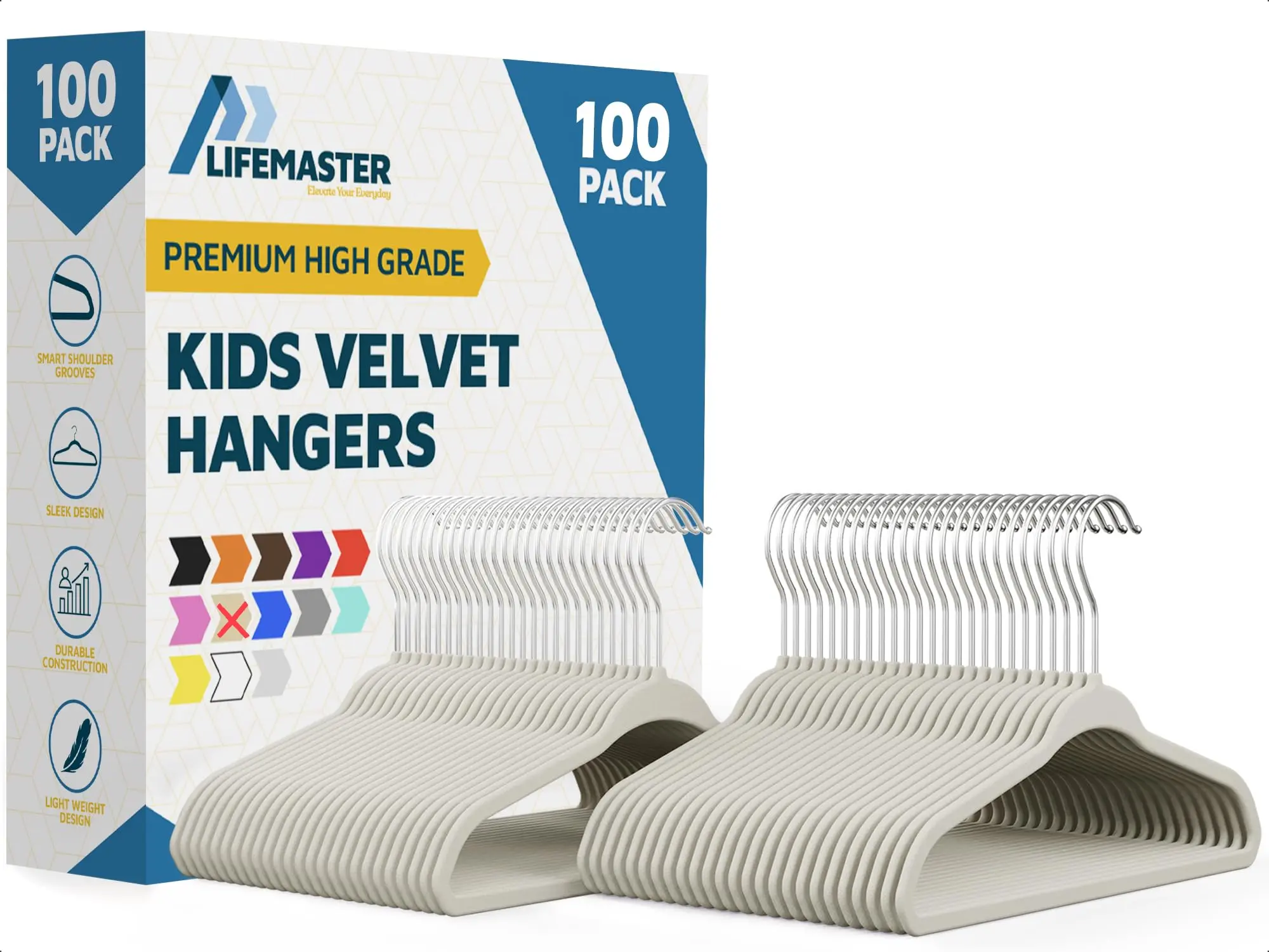 Lifemaster Velvet Kids Hangers 100 Pack Non-Slip Baby Toddler 10.83in Slim 360° Swivel Hook
