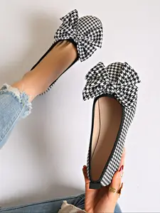 New Spring & Fall Flat Bow Round Head Shoes, Vintage Low Heel Single Shoe, Large Size Casual Plaid Grid Design