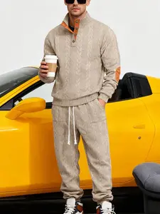 Men's Fall Winter Jacquard Knit Set, Comfortable Warm Skin-Friendly Casual Sporty Style, Long Sleeve Pullover & Pants Suit