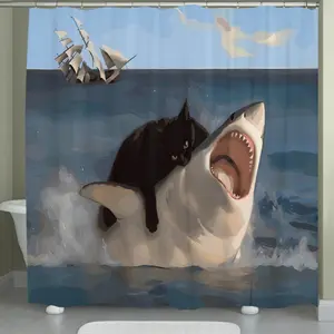 1pc Cat Riding Shark Ocean Scene Polyester Shower Curtain with Vibrant Sailing Ship & Birds Design No-Drill Hooks Machine Washable Shark Shower Curtain Easy Installation Whimsical Decor Playful Artwork Easy Maintenance Durable Fabric Bathroom Decor