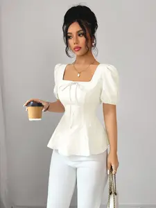 New Women's Fashion Versatile French Bow Tie Belt High-End Bubble Sleeve Elegant Embroidered Fabric Ladies Shirt