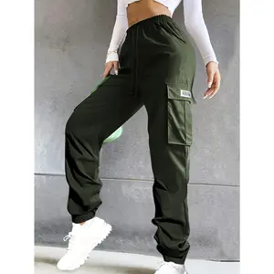 Women'S Casual Cargo Pants with Elastic Drawstring Waist & Large Pockets - Solid Color Regular Fit Long Trousers for Streetwear, Everyday Outings & All-Season Comfort, Streetwear Essentials, Relaxed Fit Pants, Durable Fabric Pants, Street Style